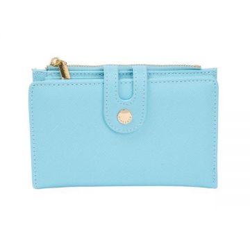 Portmoneu Saffiano Bleu cu Capsa si Fermoar Auriu