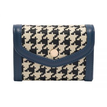Portmoneu Albastru cu Capsa si Imprimeu Houndstooth