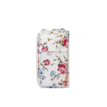 Portofel si port telefon din piele naturala 8971 07 Alb cu imprimeu floral 16893