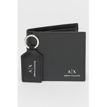 Set de portofel de piele si breloc - Negru