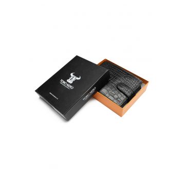 Portofel piele barbati -  protectie RFID - Carte de identitate - Viki - negru croco