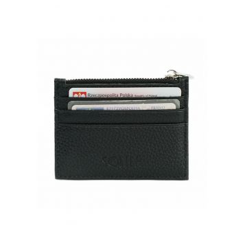 Etui slim din piele pentru carduri cu fermoar  SW42 Negru