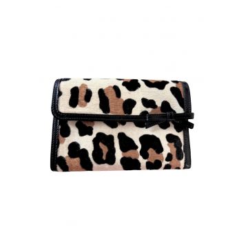 Portofel dama  piele naturala - model vintage - animal print - maro - 15x11x2.5cm