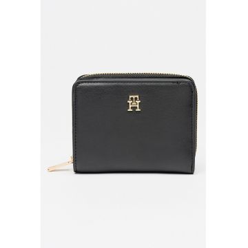 Portofel de piele ecologica cu fermoar si logo metalic - Negru