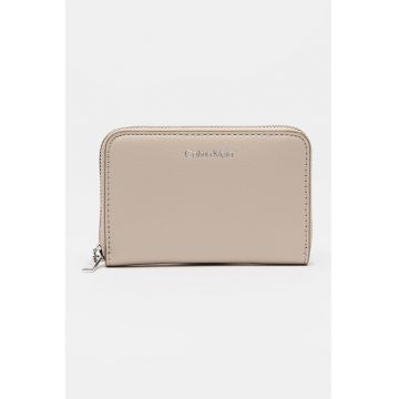 Portofel de piele ecologica cu logo si fermoar - Maro taupe deschis