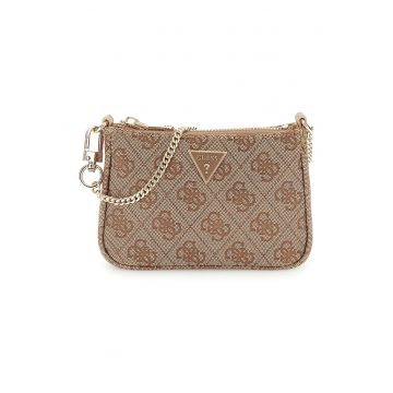 Portofel de piele ecologica cu model monograma si bareta din lant - Maro camel