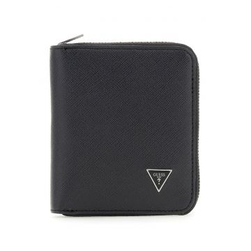 Portofel din piele cu logo metalic si fermoar - Negru