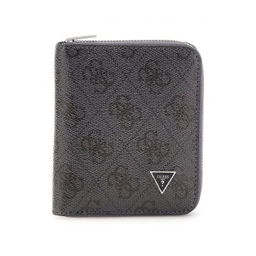 Portofel din piele cu logo si fermoar - Gri inchis