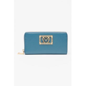 Portofel din piele ecologica cu logo metalic si fermoar - Albastru deschis