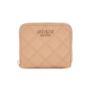 Portofel matlasat din piele ecologica cu logo metalic - Bej