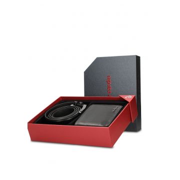 Set de portofel din piele si curea Silvano - Negru