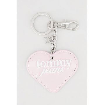 Breloc de piele ecologica cu inimi si logo brodat - Alb/Roz pastel