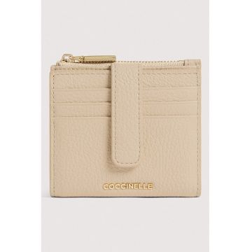 Portcart din piele cu logo - Maro nisip