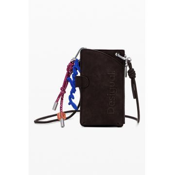 Portcart din piele nebuc cu bareta detasabila - Maro inchis