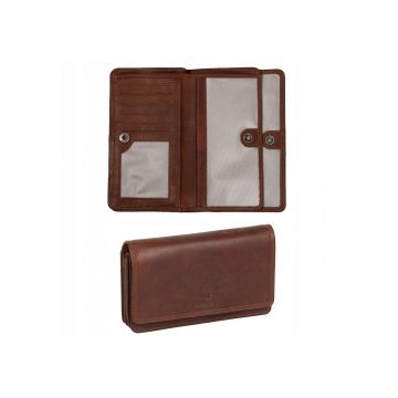 Portofel Dama -  Como Wallet - Inchidere Cu Clip - Mai Multe Buzunare - Cu Logo - Design Clasic - 100% Piele Naturala - Dimensiune Universala - Maro