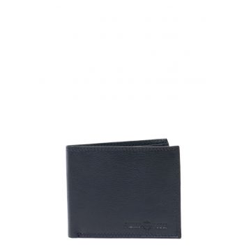 Portofel de piele cu clapa si logo stantat - Bleumarin
