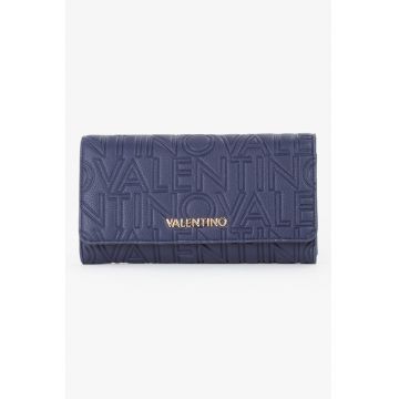 Portofel de piele ecologica cu clapa si model monograma Pansy - Bleumarin