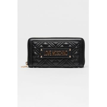 Portofel de piele ecologica cu fermoar si logo metalic - Auriu/Negru