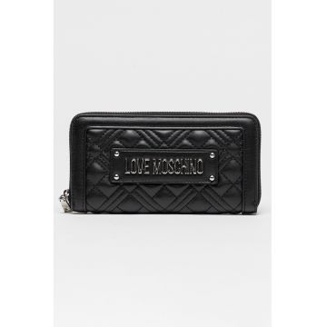 Portofel de piele ecologica cu fermoar si logo metalic - Negru