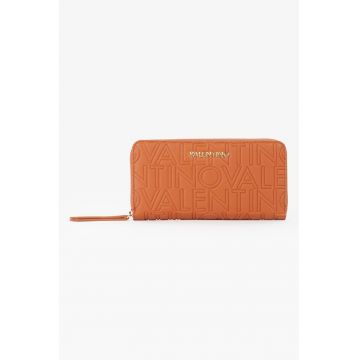 Portofel de piele ecologica cu fermoar si model monograma - Caramel