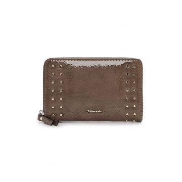 Portofel din piele ecologica cu aplicatii metalice decorative si fermoar - Maro taupe