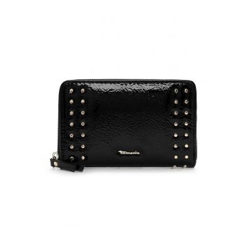 Portofel din piele ecologica cu aplicatii metalice decorative si fermoar - Negru