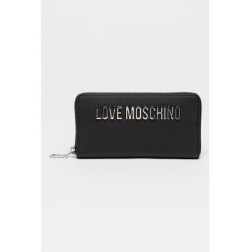 Portofel din piele ecologica cu logo metalic si fermoar - Negru
