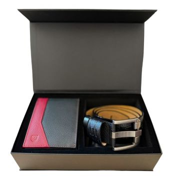 Set cadou pentru barbati, Portofel + Curea, piele naturala, model elegant, SET19, Negru