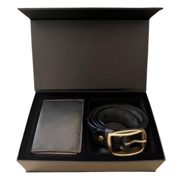 Set cadou pentru barbati, Portofel + Curea, piele naturala, model elegant, SET20, Negru