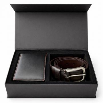 Set cadou pentru barbati, Portofel + Curea, piele naturala, model elegant, SET21, Negru