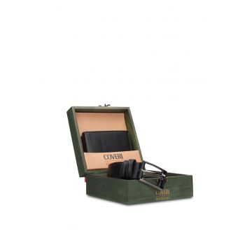 Set de portofel de piele si curea Erevan Pro - 2 piese - Negru