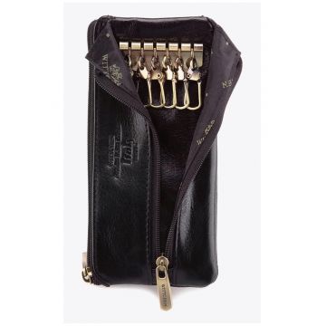 Etui pentru chei  piele naturala - 6 carabiniere - negru - 8x15cm