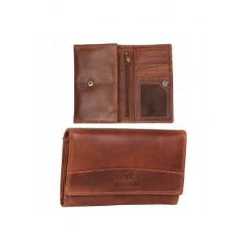 Portofel Dama -  Udine Wallet - 100% Piele Naturala - Cu Logo - Compartimente Pentru Carduri - Buzunar Pentru Monede - Design Elegant - One Size - Maro