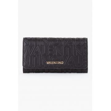 Portofel de piele ecologica cu clapa si model monograma Pansy - Negru stins