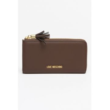 Portofel de piele ecologica cu logo metalic si fermoar - Maro inchis