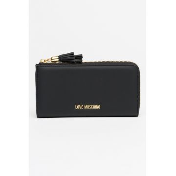 Portofel de piele ecologica cu logo metalic si fermoar - Negru
