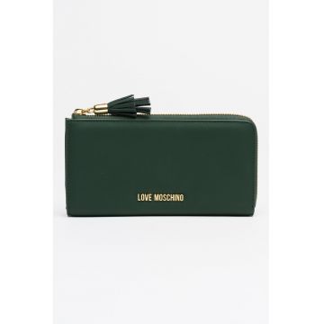 Portofel de piele ecologica cu logo metalic si fermoar - Verde padure