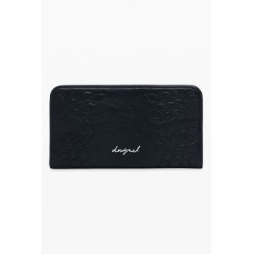 Portofel din piele ecologica cu fermoar si model - Negru