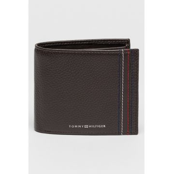 Portofel pliabil de piele cu cusaturi contrastante - Maro inchis