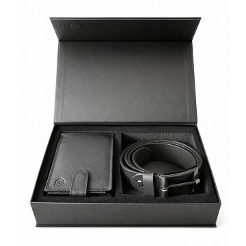 Set cadou pentru barbati, Portofel + Curea, piele naturala, model elegant, SET26, Negru