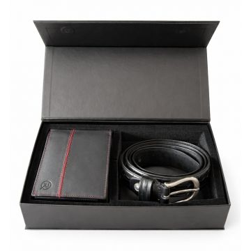 Set cadou pentru barbati, Portofel + Curea, piele naturala, model elegant, SET29, Negru