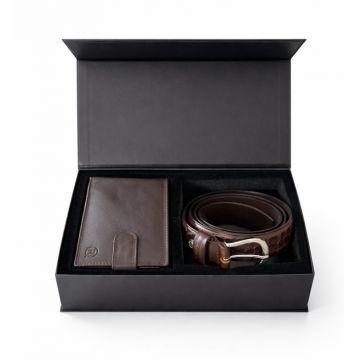 Set cadou pentru barbati, Portofel + Curea, piele naturala, model elegant, SET30, Maro