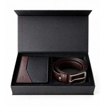 Set cadou pentru barbati, Portofel + Curea, piele naturala, model elegant, SET32, Maro/Negru