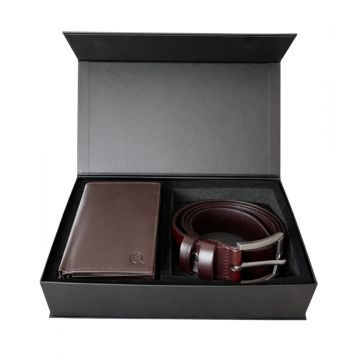 Set cadou pentru barbati, Portofel + Curea, piele naturala, model elegant, SET34, Maro inchis/Negru