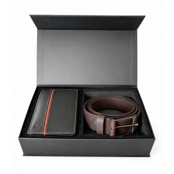 Set cadou pentru barbati, Portofel + Curea, piele naturala, model elegant, SET35, Maro /Negru