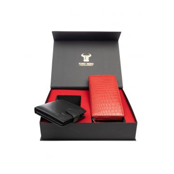 Set portofel dama si portofel barbati - piele naturala - negru - Gidwqfita Opzioni - Rosu/Negru - 11*20*3.5