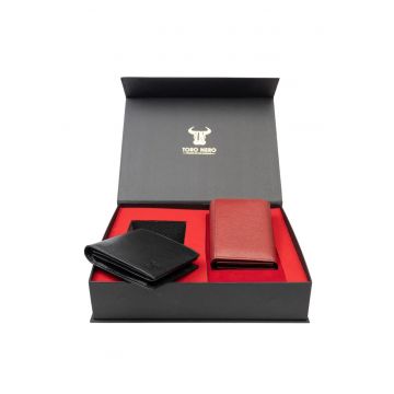 Set portofel dama si portofel barbati - piele naturala - Rosu/Negru - 11.5x9x2cm
