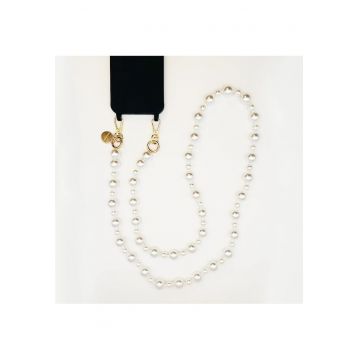 Lant crossbody pentru telefon  120 cm - perle albe - detalii aurii