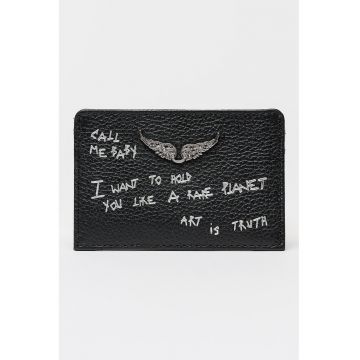 Portcart de piele cu imprimeu text - Negru