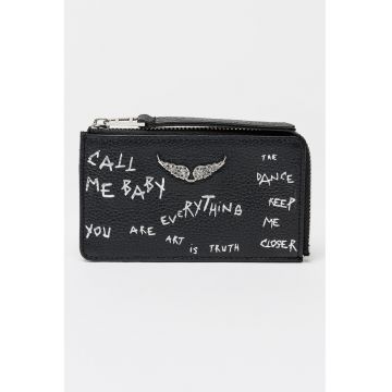 Portcart de piele cu imprimeu text - Negru